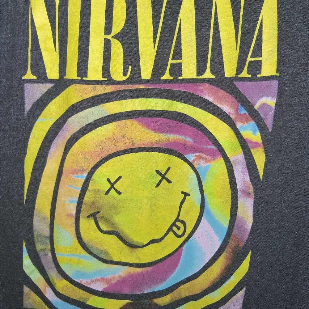 Nirvana Gray Happy Face Graphic Print Short Sleeve Tee T Shirt L - Picture 2 of 3